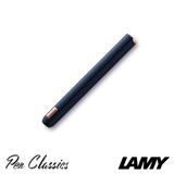A Lamy Dialog CC in Dark Blue and Rose Gold Detailing with the Nib Retracted