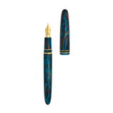 Fountain pen with blue marbled design and gold accents on a white background