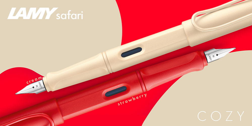 A cream colour Lamy Safari next to a Strawberry Red Lamy Safari, on top of a cream and red background