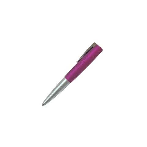 Pen with purple and silver design on a white surface
