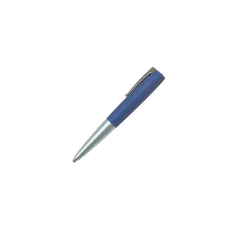 Blue pen with silver trim on a white background