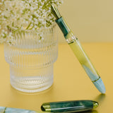 Two decorative pens with a clear vase of flowers on a yellow surface