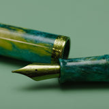 Fountain pen with green and gold design on a green background