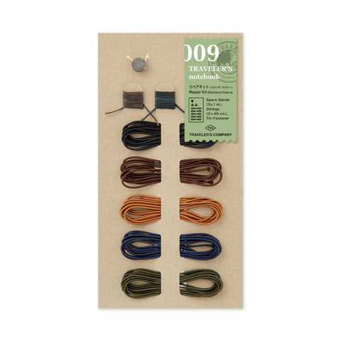 Set of traveler's notebook bands and strings on a cardboard backing with brand label.