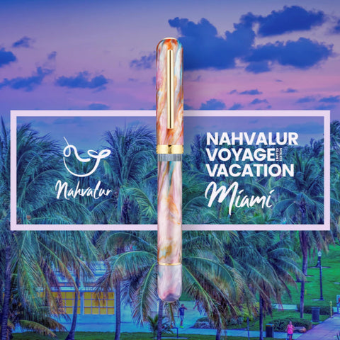 Promotional graphic for Nahvalur Voyage Vacation Miami with palm trees and a sunset.