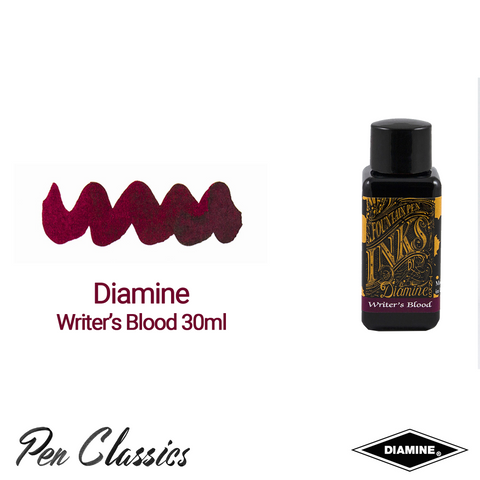 An image of a 30ml bottle of Diamine Writer's Blood with a swab of dark burgundy ink. The text on the image reads "Diamine Writer's Blood 30ml"