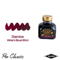 An image of a 80ml bottle of Diamine Writer's Blood with a swab of dark burgundy ink. The text on the image reads "Diamine Writer's Blood 80ml"