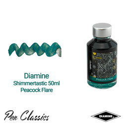 Diamine Shimmertastic 50ml Peacock Flare Ink Swatch and Bottle