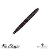 Diplomat Elox Fountain Pen Ring Black/Orange with the cap on. The pen is black with orange stripes and a black clip