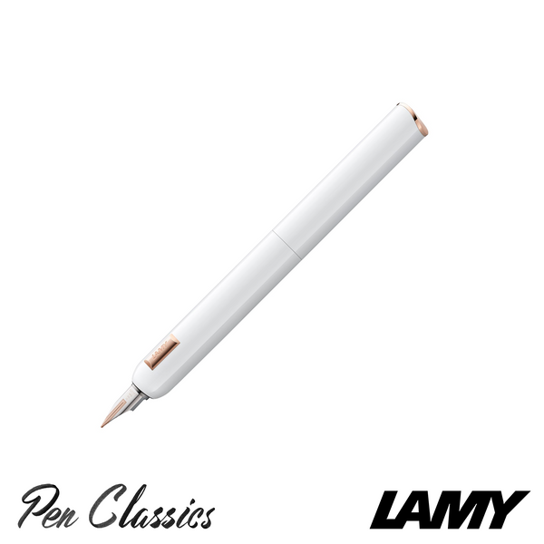 A Lamy Dialog CC in White and Rose Gold Detailing with the Nib Out