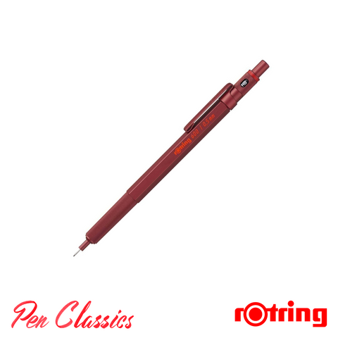 A picture of a red Rotring 600 with a 0.5mm lead and the lead extended