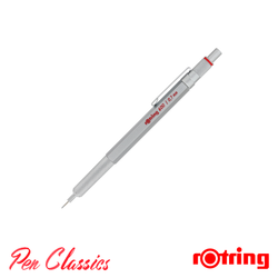 A picture of a silver Rotring 600 with a 0.7mm lead and the lead extended